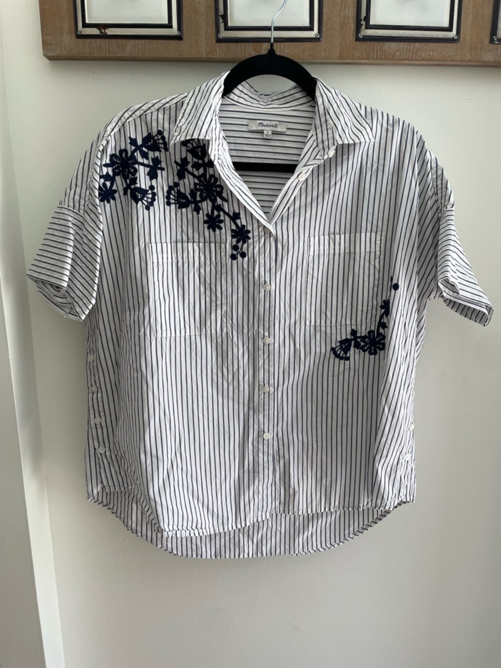 Madewell White Striped Shirt with Navy Floral Applique